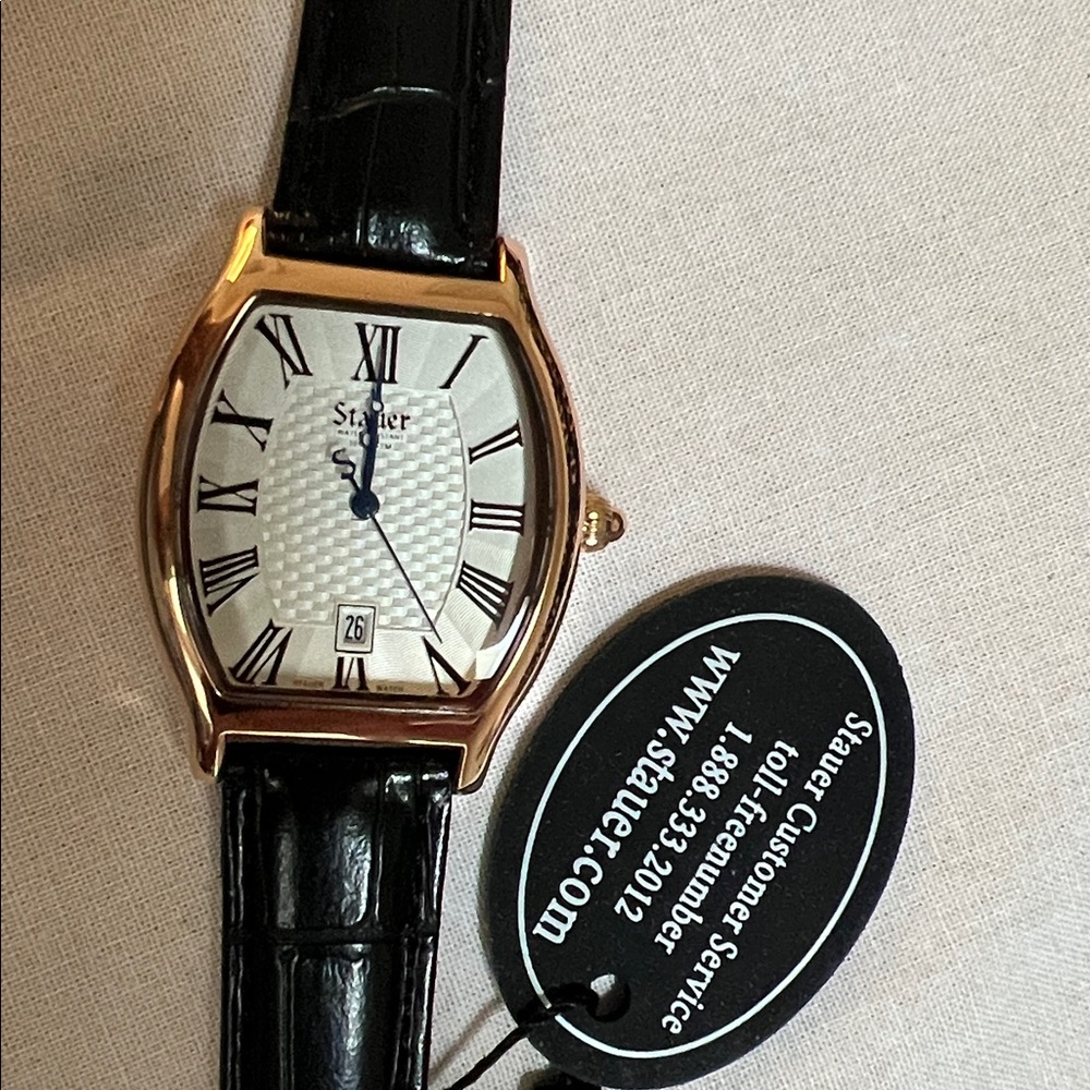 Staur “Boulevardier Tonneau”, Black Leather, White Face, & Gold Accents.